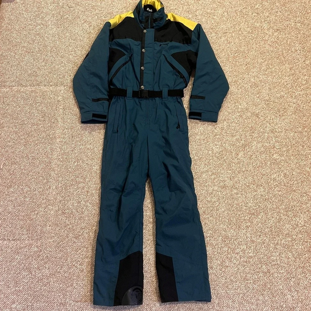 Vintage Tyrolia Ski Suit Mens M Blue Colorblock One Piece Belted Snow Ski